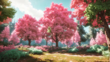A Forest Of Mint And Pink Trees And Plants In A Bright Day - AI Generative