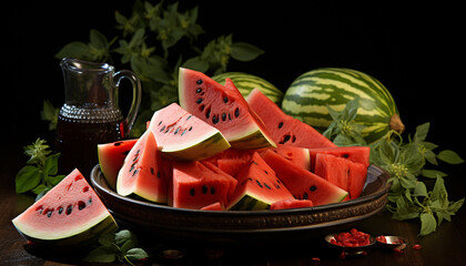 Poster - Fresh watermelon slice on wooden table, a refreshing summer snack generated by AI