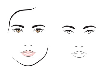 Wall Mural - Vector set of outline female face portrait frontal view, isolated, illustration on white background.