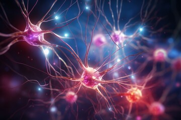 Wall Mural - neuron cells neural network under microscope neuro research science brain signal information transfe