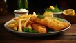A delicious plate of two golden battered fish fillets served with crispy french fries on a rustic wooden background, creating a mouthwatering meal.