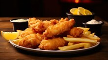A Delicious Plate Of Two Golden Battered Fish Fillets Served With Crispy French Fries On A Rustic Wooden Background, Creating A Mouthwatering Meal.