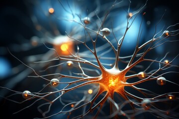 Wall Mural - neuron cells neural network under microscope neuro research science brain signal information transfe