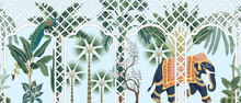 Indian Elephant, Palms, Banana Tree, Peacock Bird Tropical Mural. Border With Pergola.