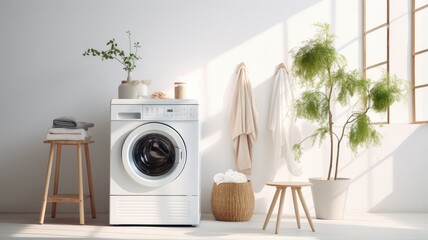 A washing machine stands against a pristine white wall. Beside it, there's a basket filled with laundry, detergents neatly arranged, a healthy ficus plant, and a stack of fresh towels, creating