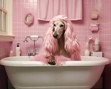A Beautiful Dog, An Afghan Hound, With Beautiful Long Pink Hair And A Shower Cap On His Head, Sits In A Bathtub In A Feminine Pink Bathroom.