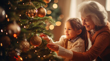 A Heartwarming Moment: Kids Decorating The Christmas Tree With Grandma, Decorated Christmas Tree, With Copy Space