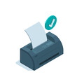 isometric printer or fax with a sheet of paper and a check mark, in color on a white background, peripheral information output device or test successful