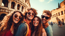 Tourists Sightseeing: A Group Of Smiling Tourists, Splendidly Dressed, Taking Pictures Of Themselves Against The Background Of Famous Places Of The World. Generative AI