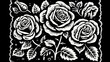 Black and white linocut postage stamp rose garden thick bold dark lines. Generative AI