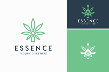 Water Drop Droplet with organic nature cannabis Marijuana Hemp Weed leaf for Herbal CBD Essence Oil Extract logo design