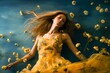 © Comme en pixels - portrait d'une jeune femme en robe jaune, douce, élégante et glamour, entourée de fleurs jaunes volantes, cheveux au vent