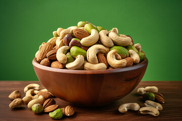 Wall Mural - Mix of various nuts in a wooden bowl. ai generative