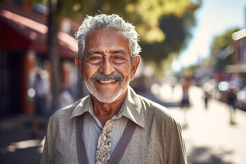 latin senior man portrait looking at camera outdoors in the street in mexico city, hispanic adult pe