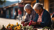 Elderly women arranging flower bouquet to sell, hispanic scene, copy space