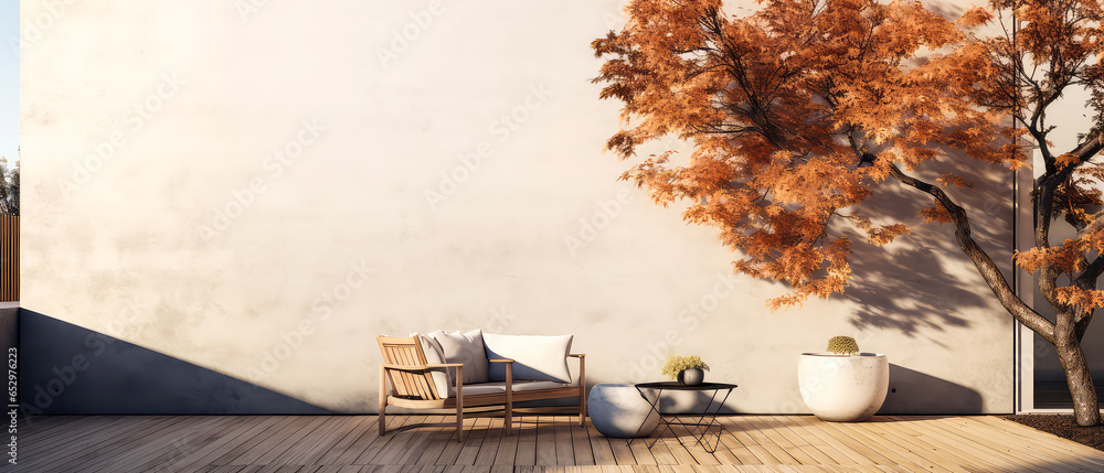 Fall, autumn patio of suburban house. Luxury exterior design scene ...