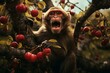 A monkey happily munching on fruit while perched on a tree. Generative AI