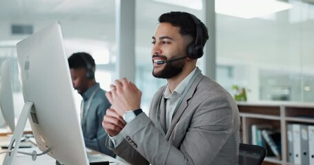 Poster - Computer, call center and happy with man talking and support at help desk office. Technology, customer service and sales agent consulting, telemarketing communication or speaking to business contact