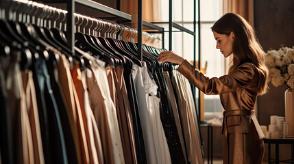 Wall Mural - Young woman choosing dress on hanger near clothes in showroom