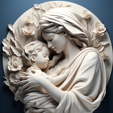 3D Mother And Son White Statue, Ai Generated