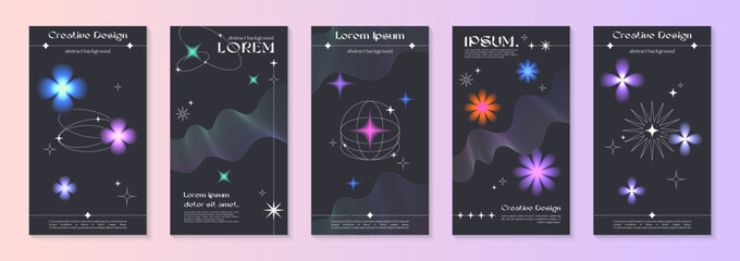 Wall Mural - vector insta story cosmic templates with linear shapes,blurred sparkles in 90s style.smm banners in 