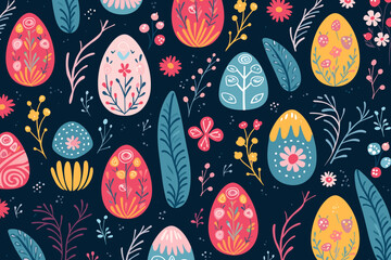 easter quirky doodle pattern, wallpaper, background, cartoon, vector, whimsical Illustration