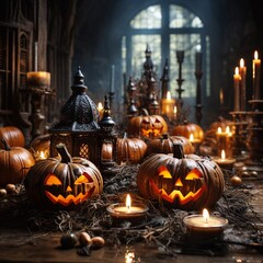 Mystical image reflecting the Halloween atmosphere, candles, pumpkins with carved faces and Halloween style decorations.