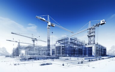 2D Blueprint Illustrating White Construction Cranes Against a Blue Sky, Set in Front of White Buildings, Capturing the Intersection of Architectural Design