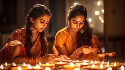 Wall Mural - beautiful hindu indian woman lighting diya on Diwali