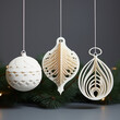 3d printed white christmas balls hanging in front of  black background