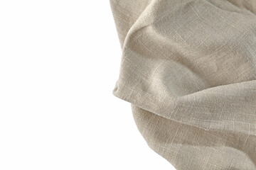 Beige rough linen kitchen towel tablecloth isolated on white background