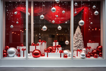 Shop Window With Festive Red White Christmas Decorations. AI Generative