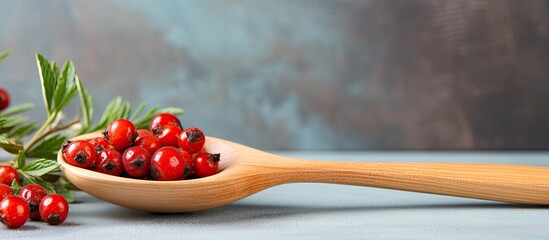 Wall Mural - Rosehip berries in a spoon Healthy natural medicine concept Copy space available