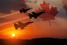 Air Force Day. Aircraft Silhouettes On Background Of Sunset With A Transparent Canadian Flag. Since 2006, The Royal Canadian Air Force Has Celebrated Air Force Day On 4 June.