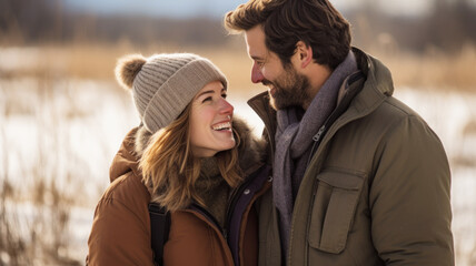 Wall Mural - Young couple enjoying life outdoors in winter. Beautiful woman and handsome man smiling and looking each other. There is romance in the air. Blurry background.