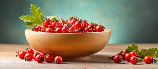 Sticker - Rosehip berries in a wooden bowl Healthy ingredient Alternative medicine and herbal therapy concept Side view text space