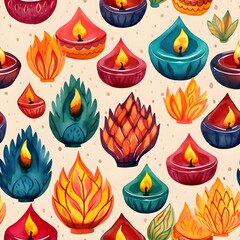 Wall Mural - Diwali decorations, diya lamps white seamless pattern.