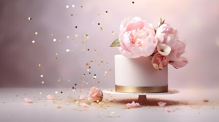 White an pastel pink cake on a table decorated for a celebration