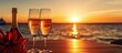 Champagne filled luxury yacht evening with empty glasses bottle and tropical sunset over sea background no one present