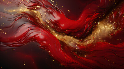 Wall Mural - Red liquid with tints of golden glitters. Red background with a scattering of gold sparkles. Magic Galaxy of golden dust particles in red fluid 
