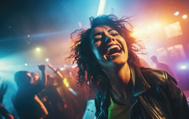 Wall Mural - Woman singer out at a concert at night, surrounded by colorful lights and a sea of enthusiastic fans. Generative AI