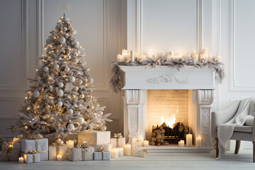 Wall Mural - Christmas tree with gifts and candle near fireplace. Generative AI