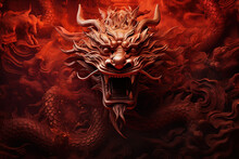 Chinese Dragon Head On Red Background. Chinese New Year 2024 Year Of Dragon. Generative AI