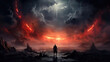 Silhouette of person against strange fire in sky, fantasy epic scene