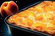A close-up of peach cobbler on a shiny surface with a black background, illustration. Generative AI