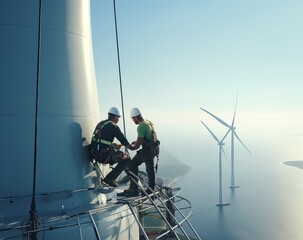 two technicians on top of a wind turbine trying to make it work well, renewable concept