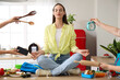 © Pixel-Shot - Young woman with a lot of things to do meditating in kitchen