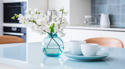 Wall Mural - Vase with fresh spring flowers on dinning table on the background of modern kitchen in Scandinavian interior style. Light white blue colors. 