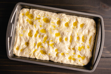 Sticker - Focaccia Bread Dough Drizzled with Olive Oil: Unbaked Italian peasant bread in a rectangular nonstick baking pan 