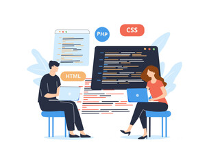 Wall Mural - programming illustration set. different characters working on web and application development on com